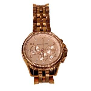 MICHAEL KORS ROSE GOLD TONE STEEL CHRONOGRAPH CRYSTALS GLITZ WATCH Large Face